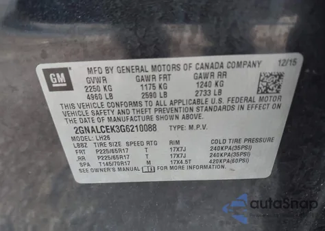 2016 Chevrolet Equinox Lt from USA, damaged, VIN 2GNALCEK3G6210088